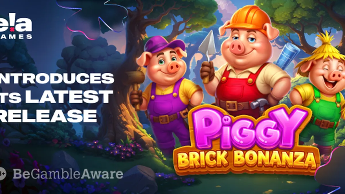 หน้าจอเกมสล็อต Piggy Brick Bonanza ที่มีสีสันสดใสและสัญลักษณ์ธีมหมูสร้างบ้าน