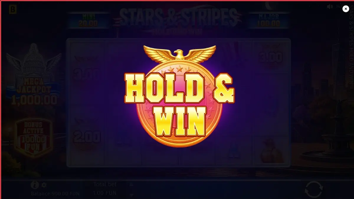 ภาพกราฟิกธีมเฉลิมฉลองอเมริกาในเกมสล็อต Stars & Stripes Hold and Win